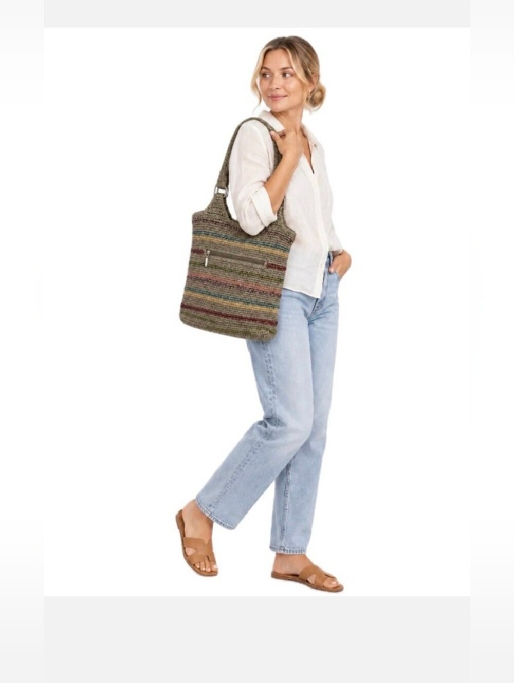 The Sak Belle Voyager Crochet Multi Stripe Boho Shoulder Bag Tote Gray Taupe